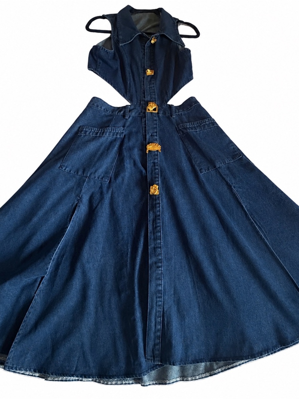Amazon Women's Denim Midi Dress in Dark Blue with decorative gold buttons - Picture 4 of 9